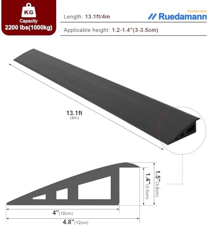 Ruedamann 13.1 Ft Threshold Transition Strip, 1 1/5"~1 2/5" Rise Rubber Threshold Ramp, Overlap Edge Reducer, Doorway Edge Trim and Mats for Golf Courses, Laminate Doorway, Carpet, Floor, Tile