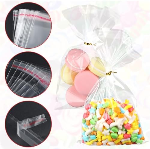 200Pcs Cookie Bags 5x8 Inches Self Sealing Cellophane Bags Plastic Resealable Clear Cookie Bags with Twist Ties for Cookies Packaging Candy Treat Party Favors Bag