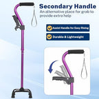 Aluminum Alloy Curved Handle, Quad Cane with Wide Base - 300lb Capacity, Large Four Corner Stand Up Armrest Crutch, Purple