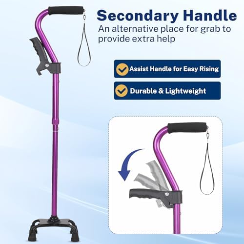 Aluminum Alloy Curved Handle, Quad Cane with Wide Base - 300lb Capacity, Large Four Corner Stand Up Armrest Crutch, Purple