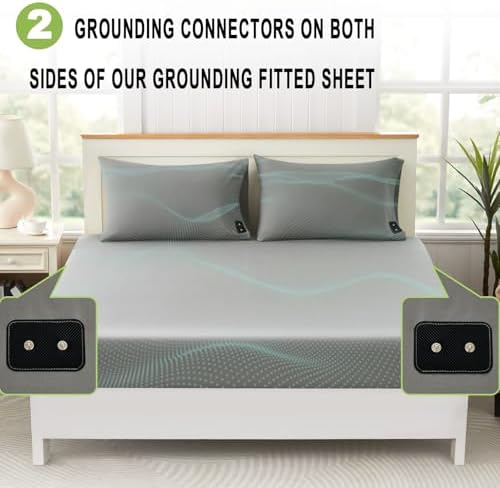 Grounding Sheets King 25% Silver Fiber 75% Organic Cotton with Outlet Tester and Test Pen, Grounded Bed Sheet Kit Earth Connected Bedding for Bed (Gray, King)