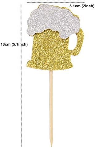 24Pcs Glitter Golden Beer Mug Cupcake Toppers Beers Cupcake Picks for Beer Festival Celebrating Party Cheers to 30th 40th 50th 60th Birthday Cake Decorations Beers Themed Party Decors