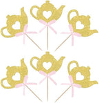 24 PCS Teapot Cupcake Toppers Gold Glitter Bow Floral Tea Time Cupcake Picks Afternoon Tea Party Decorations for Tea Party Theme Baby Shower Wedding Birthday Party Cake Decorations Supplies