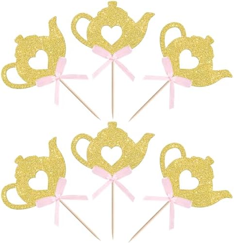 24 PCS Teapot Cupcake Toppers Gold Glitter Bow Floral Tea Time Cupcake Picks Afternoon Tea Party Decorations for Tea Party Theme Baby Shower Wedding Birthday Party Cake Decorations Supplies