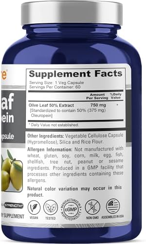 NusaPure Olive Leaf Extract 750 mg - 50% Oleuropein - Vegan and Vegetarian Non-GMO - Super Strength - No Oil - 60 Capsules