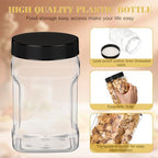 Geiserailie 6 Pcs Square Clear Plastic Jars with Pinch Handle Plastic Storage Container with Screw-on Lids Reusable Wide Mouth Canisters for Dry Good Peanut Cookies Candy (32 oz,Black Lids)
