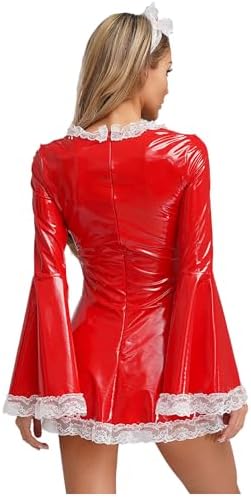 Oyolan Womens Wet Look Leather Lace Trim French Maid Fancy Dress Halloween Costume Cosplay Outfits