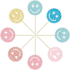 Gyufise 24Pcs Preppy Smile Face Cupcake Toppers Glitter Star Lightning Y2k 2000s Pink Party Bachelorette Cupcake Picks for Preppy Y2k Theme Bachelorette Birthday Party Supplies Colorful 1