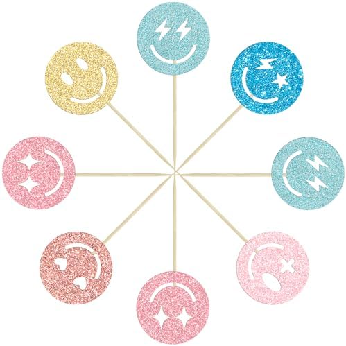Gyufise 24Pcs Preppy Smile Face Cupcake Toppers Glitter Star Lightning Y2k 2000s Pink Party Bachelorette Cupcake Picks for Preppy Y2k Theme Bachelorette Birthday Party Supplies Colorful 1