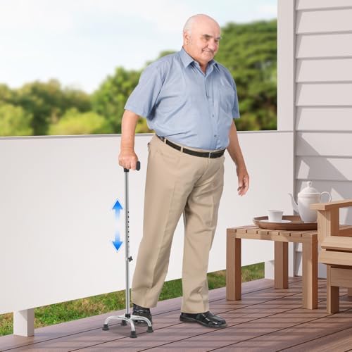 Stainless Steel Walking Stick with 4 Feet, Extendable Crutches for The Elderly Adjustable Walking Aid Stick for Men and Women Nonslip Trekking Pole for Mobility Support