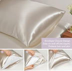 Vegan Silk Sleep Set, Vegan Silk Pillowcase with Large Scrunchie and Eye Mask for Hair and Skin, Self Care Essential Satin Night Routine Kit (Champagne Color)