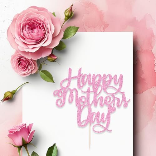24 PCS Happy Mother's Day Cupcake Toppers with Glitter Heart Love Mother Best Mom Cupcake Picks for Happy Mother's Day Theme Women Birthday Party Cake Decorations Supplies Pink