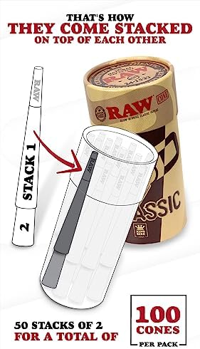 RAW Cones Classic King Size - 100 Pack - Slow Burning Pre Rolled Paper with Tips and Packing Tubes Included