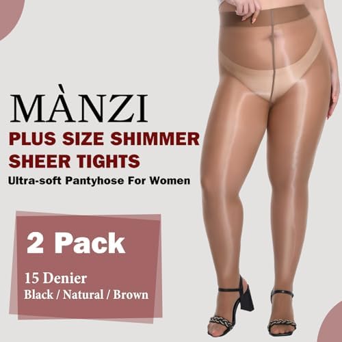 MANZI Women's Plus Size Shimmer Glossy Sheer Tights Seamless Shiny Silk reflections Pantyhose Oil Pearlescent Stockings