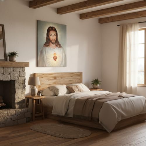 Sacred Heart Of Jesus Canvas Wall Art, Traditional Catholic Portrait of Jesus Christ, Luminous Religious Painting Decor, Gallery Wrapped Stretched Canvas for Home or Church 16×20 inches (40×50 cm)