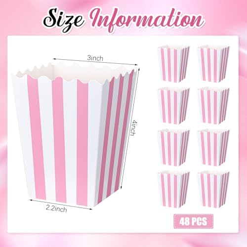 Geyoga 48 Pcs Pastel Pink Popcorn Boxes Small Large Pink and White Striped Paper Popcorn Bags Candy Containers for Birthday Party Favor Supplies(4 x 3 Inches, Small)