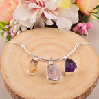 Three Stone Necklace Natural Real Citrine, Morganite, Amethyst Crystals Bezel Pendant, Raw Gemstone, Healing Gemstone, Birthday, Mothers Day Gift Jewelry, Occasion Wear, Gift for Her