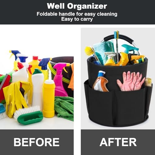 Cleaning Caddy with Handle, Cleaning Products Organiser, 17L Foldable Storage Basket, Cleaning Caddy Organiser, Portable Multi Cleaning Bucket Bag for Home, Garden (Black)