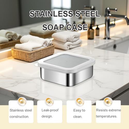 Travel Soap Container, Vonpri Stainless Steel Soap Dish with Lid - Waterproof Draining Case for Bathroom, Kitchen, Camping - Durable Compact Bar Holder for Shower, Sink and Outdoor (Silver, 4.1x4.1in)