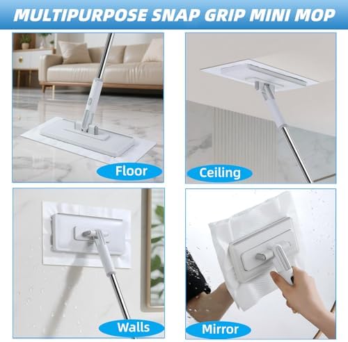 2 in 1 Disposable Dust Mop with 3 Shiny Towels Wipes Cleaning Cloths, 360° Rotating Snap Grip Mini Mop with Automatic Cloth Changing, Wall Cleaning Tool for Window Glass Wall Floor (White)