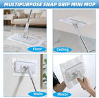 2 in 1 Disposable Dust Mop with 3 Shiny Towels Wipes Cleaning Cloths, 360° Rotating Snap Grip Mini Mop with Automatic Cloth Changing, Wall Cleaning Tool for Window Glass Wall Floor (White)