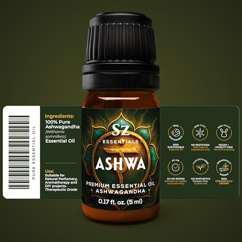 Ashwagandha Essential Oil, 100% Pure and Natural - Undiluted, Steam Distilled from Withania Somnifera - Woody & Earthy Scent with Nutty Overtones - Therapeutic Grade & Vegan - 0.17oz