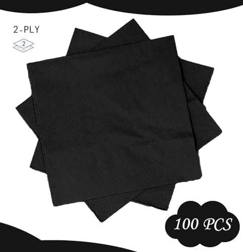 100 Pcs 2-Ply Black Cocktail Napkins - 5 x 5 Inch Disposable Paper for Dinner, Wedding, Party, Beverage