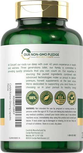 Carlyle Korean Ginseng Capsules | 2000mg Extract | 200 Count | Non-GMO and Gluten Free Formula | Standardized Panax Ginseng Supplement