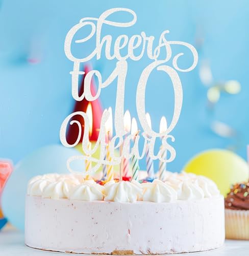 Cheers to 10 Years Cake Topper - Silver Glitter Children's 10th Birthday Cake Decorating Supplies - Blessed 10 Years Wedding, Anniversary Party Decorations, Photo Booth Props