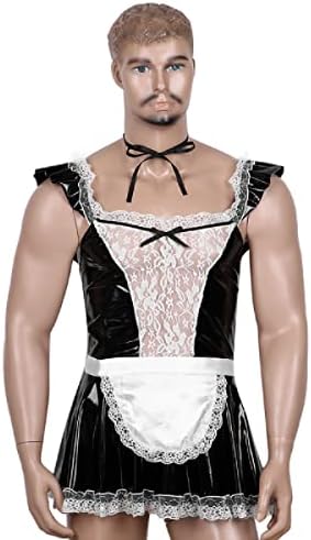 Mens Sissy Maid Cosplay Costume Sissy Clubwear Latex Party Lace Trim Mini Flared Dress with Apron Neckwear