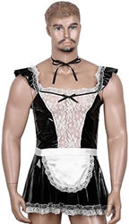Mens Sissy Maid Cosplay Costume Sissy Clubwear Latex Party Lace Trim Mini Flared Dress with Apron Neckwear