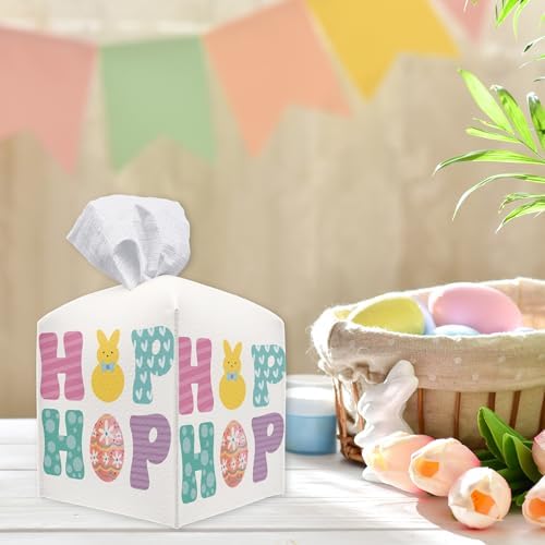 Easter Tissue Box Cover - Hop Bunny Leather Tissue Holder Square Tissue Cube Box - Easter Decor for Night Stands, Vanity Countertop, Car, Office, Home Desk Tabletop Supplies & Decorations - A02