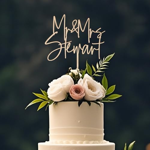 Personalized Mr & Mrs Wedding Cake Topper with Custom Bride and Groom's Last Name Cake Decoration in Wood