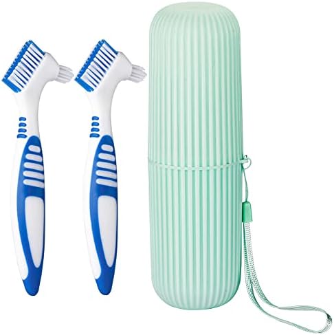 Anbbas 2pcs Double Bristle Head Denture Brush Dental Cleaning Brush with Covers and Portable Toothbrush Cup Holder, Properly Clean Oral Appliance