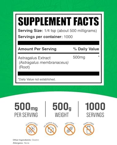 BulkSupplements.com Astragalus Extract Powder - Astragalus Root Powder, Herbal Supplement - Vegan & Gluten Free, 500mg per Serving, 500g (1.1 lbs) (Pack of 1)