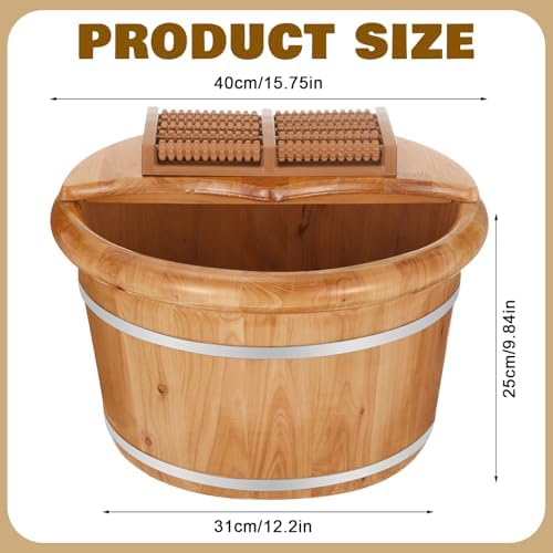 Geelin 10.24 Inch Tall Wooden Foot Bath Bucket with Massage Roller and Lid, Thick Insulated Wooden Foot Basin for Relaxation, Massage Soles, Suitable for Families, Athletes and Elderly (Wood)