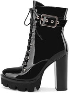 Z.Oufeier Women's Platform High Chunky Heel Combat Goth Ankle Boots Buckles Patent Leather Lace Up Block Heeled Booties