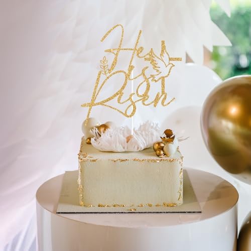 Black Glitter He is Risen Cake Topper, Jesus Easter Holiday Cake Décor, Religious Holiday Jesus Easter Festival Party Decorations Supplies (Gold)