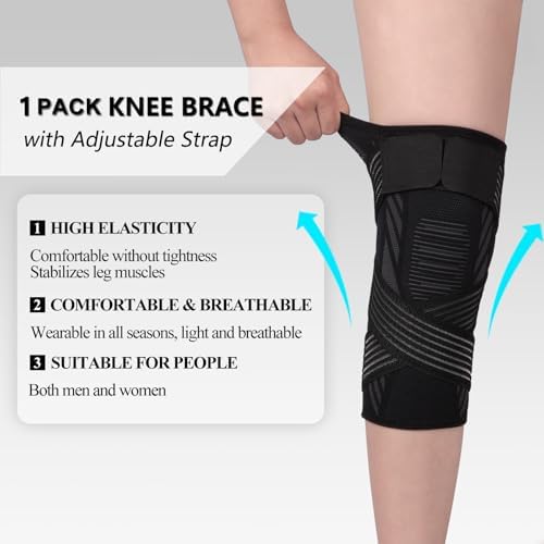 Knee Brace for Women & Men Knee Support Sleeve 1 Pack Knee Compression Sleeve with Strap for Knee Joint Pain Relief, Arthritis, Meniscus Tear, ACL, Workout, Sports, Running (Black, Large)