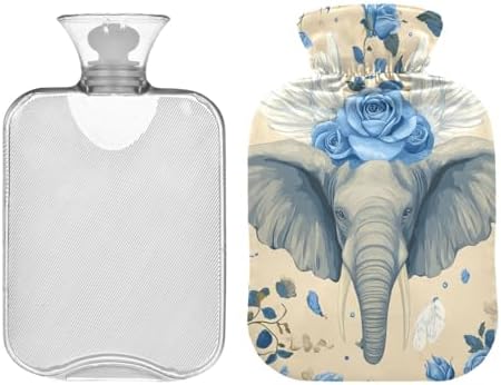 Blue Rose-Winged Elephant Water Bottle for hot Water with Soft Cover, 2L Warm Compress for Hot and Cold Therapies