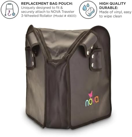 NOVA Medical Products Pouch Bag for 3 Wheeled Rollator Walker – Replacement Storage Tote & Organizer for Three Wheel Mobility Aids, Zippered Closure, Durable Design