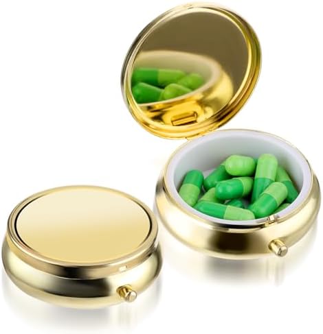 Small Pill Box for Purse, Travel Pocket Medicine Organizer, Waterproof Metal Pill Compact Case Container for Fish Oil, Supplements, Gold