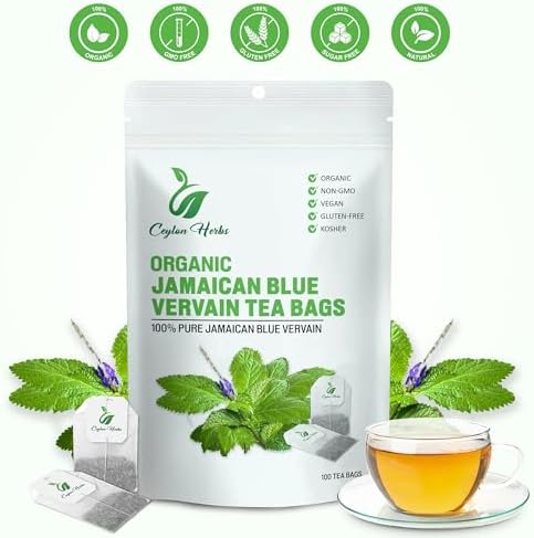 50 Jamaican Blue Vervain Tea Bags - 100% Pure Wild-Crafted Herbal Tea Bags for a Smooth and Earthy Brew Healthy Well-Cleaned Whole Plant Tea Cut