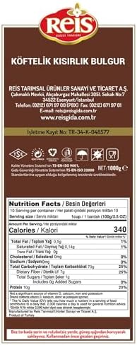 Reis Fine Bulgur, Wheat Berries, Bulgur Wheat for Salads, Meatballs & Meals, Turkish Grocery Foods, High Fiber & Protein Cereal, Whole Grain Bag, Non-GMO, Bulk, Vegan, Halal 2.2 Lbs (1000g)