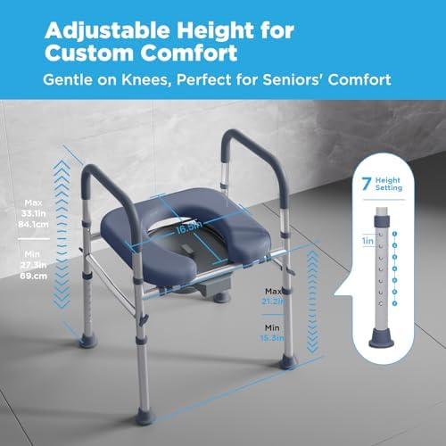 Bedside Commode for Seniors, FSA/HSA Eligible Bedside Toilet with Adjustable Width and Height, 400 LBS Weight Capacity, 16.5 Inch Extra Large Soft Seat Plate