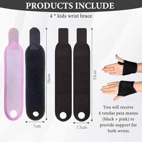 panthra 4 PCS Kids Wrist Brace, Night Wrist Sleep Support Brace, Adjustable Compression Straps, Fits Wrists of Different Sizes, Suitable for Children's Sports Sleep (Pink+black)