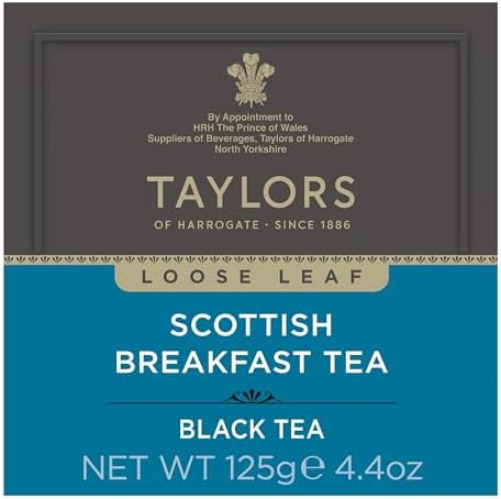 Taylors of Harrogate Scottish Breakfast, Black Tea, Loose Leaf Tea, 4.41 Ounce Carton (Pack of 1), Strong, Malty and Full, Caffeinated, Premium Whole Leaf Tea