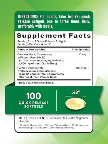 Nature's Truth Odorless Garlic and Parsley | 100 Softgels | Non-GMO & Gluten Free Extract Supplement