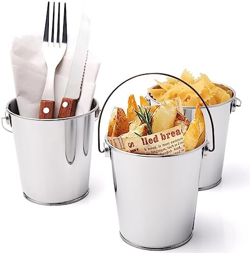 3 Pack Small Buckets Metal Buckets for Party Favors, 430 Stainless Steel Buckets Mini Pails Snacks Buckets Ice Buckets with Handles, for Candy, French Fries, Planting Flowers, Silver, 3.5" W x 3.7" H