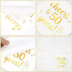 O-Kinee Cheers to 50 Years Cocktail Napkins, 50-Pack Happy 50th Birthday Paper Napkins, 3-Ply White Gold Beverage Napkin, 5x5 Inches Party Napkin for Men Women Birthday Decorations Wedding Anniversary